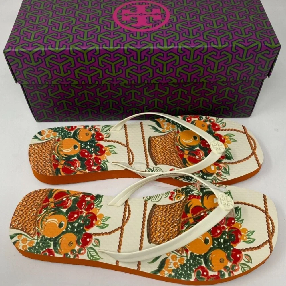 Tory Burch Flat Flip Flop Orange Fruit Pattern